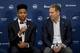 Philadelphia's Markelle Fultz (L) with general manager Bryan Colangelo