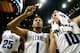 Jalen Brunson (1), Donte DiVincenzo (10) and Mikal Bridges (25)