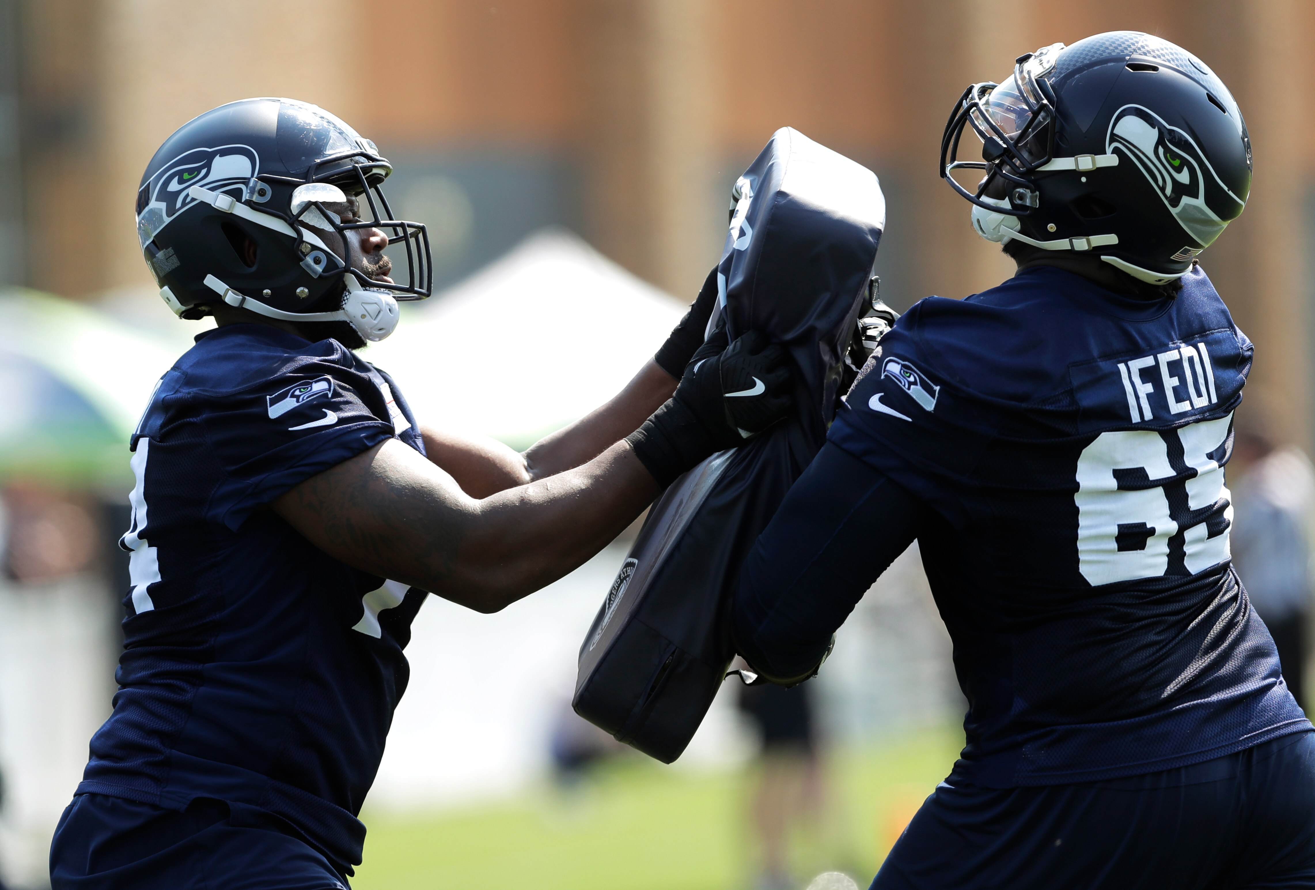 Seattle Seahawks offensive linemen George Fant (left) and Germain Ifedi (right)