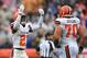 CLEVELAND, OH - SEPTEMBER 09: Denzel Ward #21 of the Cleveland Browns celebrates with Kevin Zeitler #70 after intercepting a pass during the second quarter against the Pittsburgh Steelers at FirstEnergy Stadium on September 9, 2018 in Cleveland, Ohio. (P
