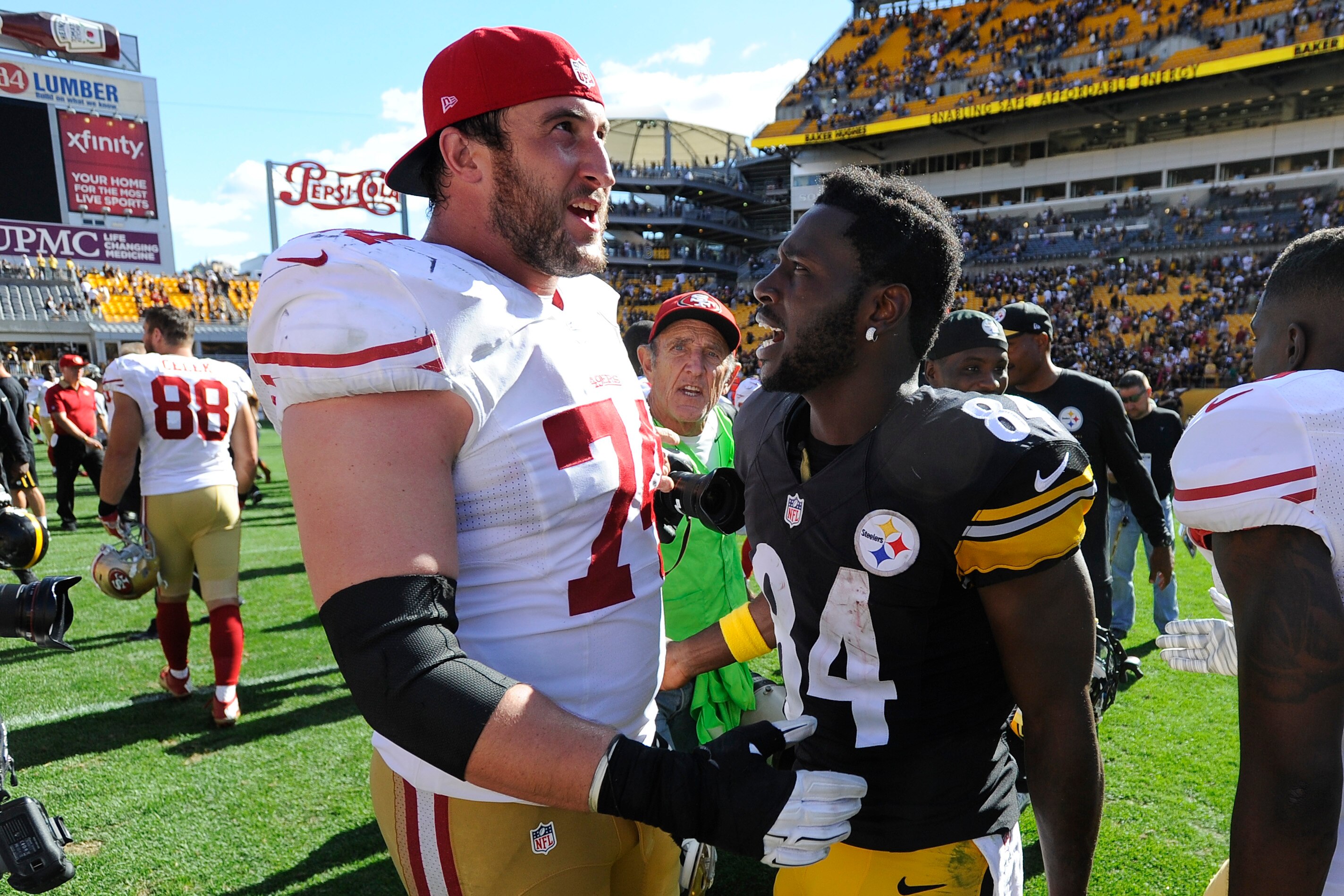 San Francisco 49ers left tackle Joe Staley (left) and Pittsburgh Steelers wide receiver Antonio Brown (right)
