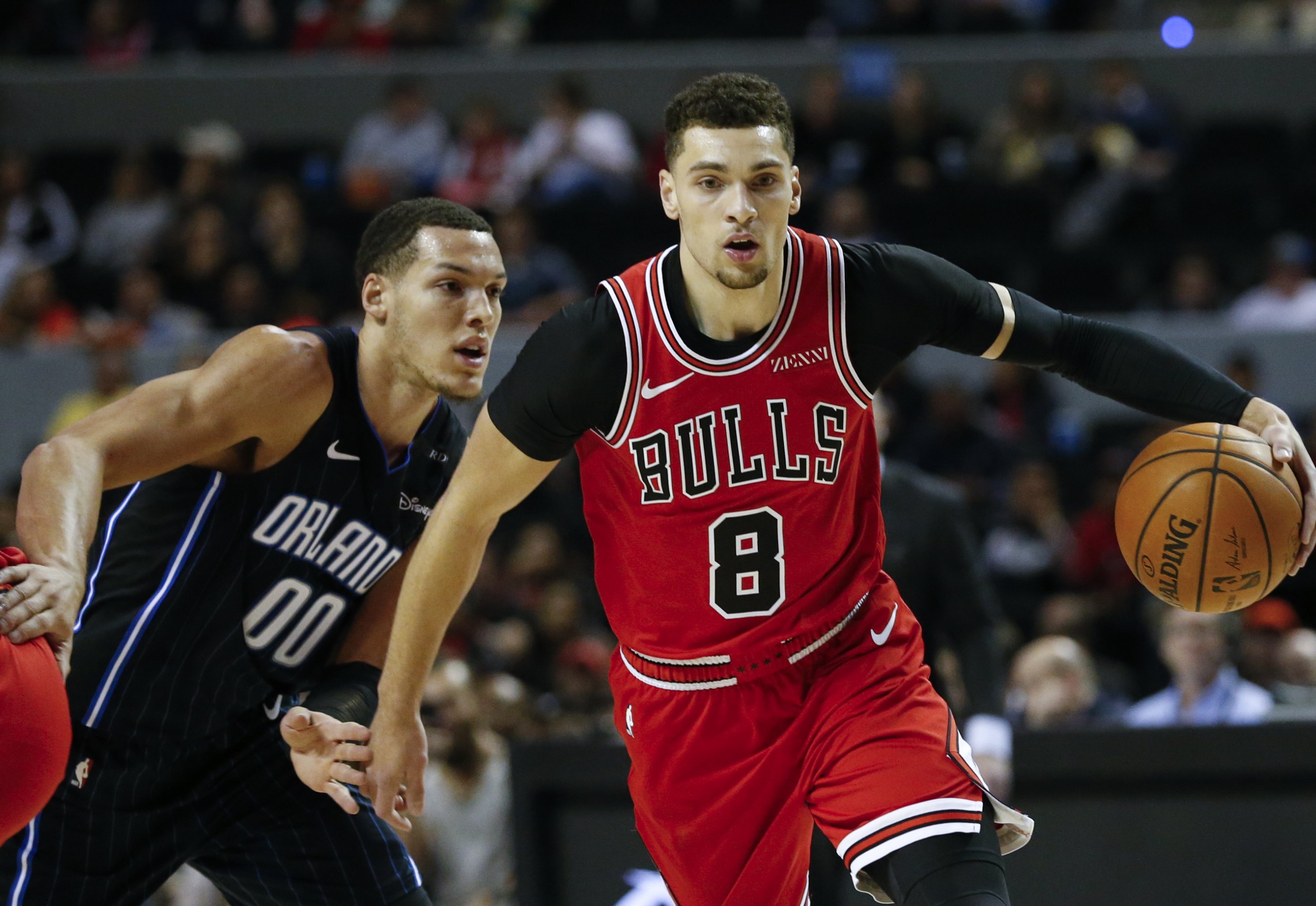Chicago Bulls guard Zach LaVine (8) dunks against the Miami Heat during the  second half of an NBA basketball play-in tournament game, Friday, April 14,  2023, in Miami. (AP Photo/Rebecca Blackwell Stock