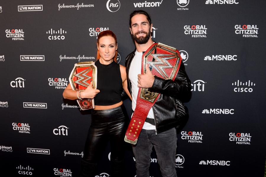 WWE Superstars Seth Rollins, Becky Lynch Present Award, Pose
