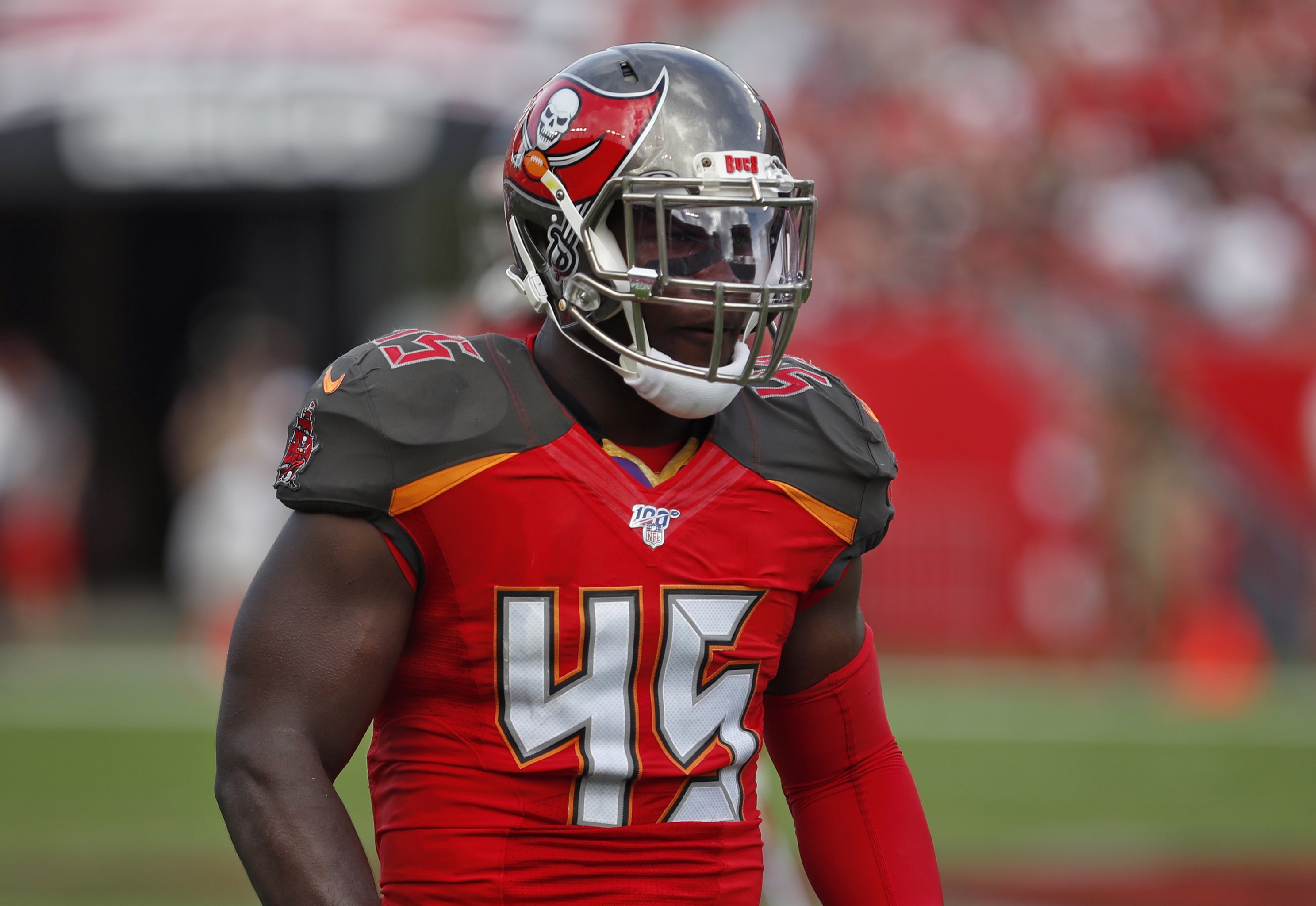 TAMPA, FL - AUGUST 13: Tampa Bay Buccaneers defensive lineman Anthony  Nelson (98) rushes the passer during the preseason game between the Miami  Dolphins and the Tampa Bay Buccaneers on August 13