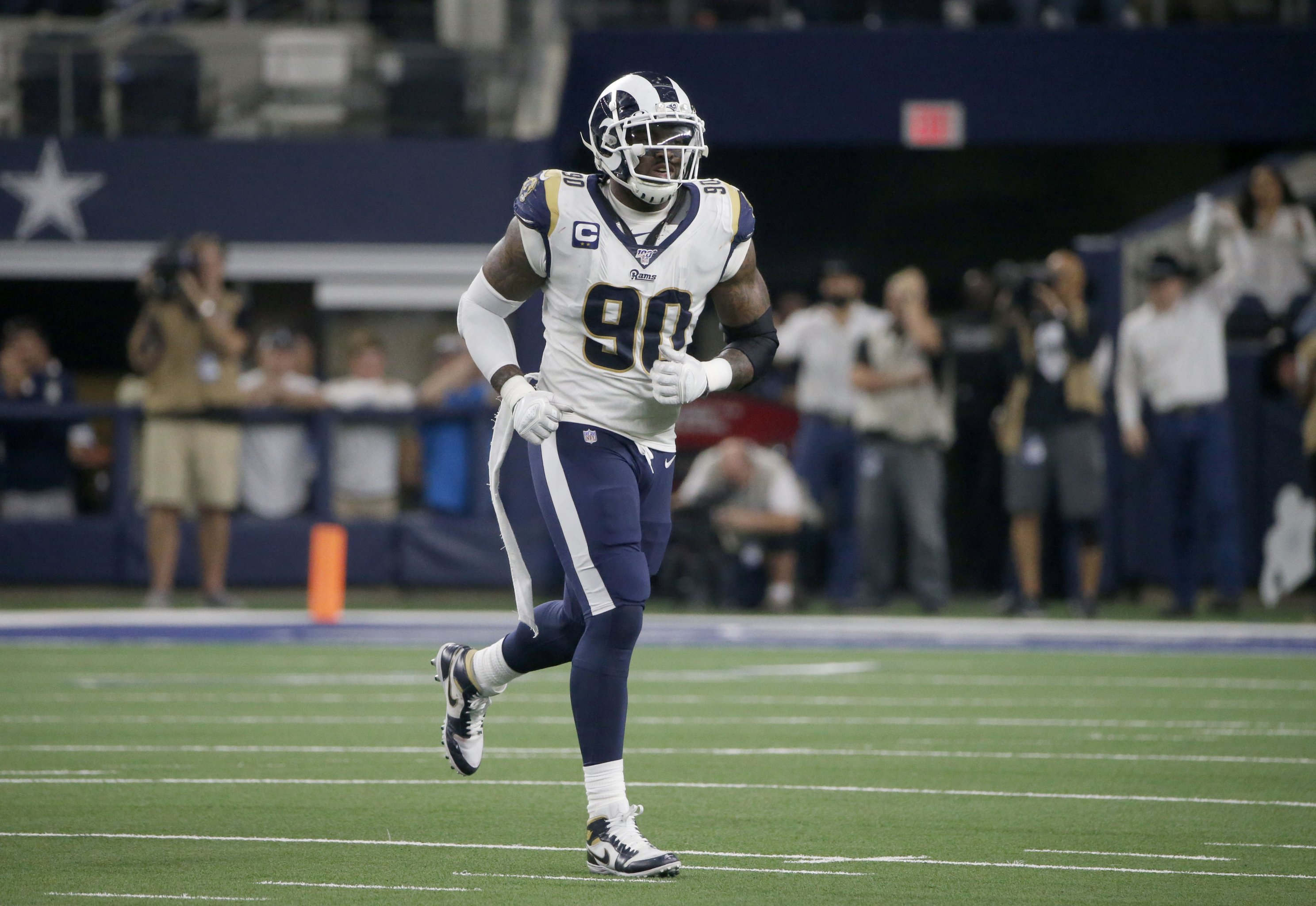 Denver Broncos guard Henry Byrd (66) warms up against the Arizona