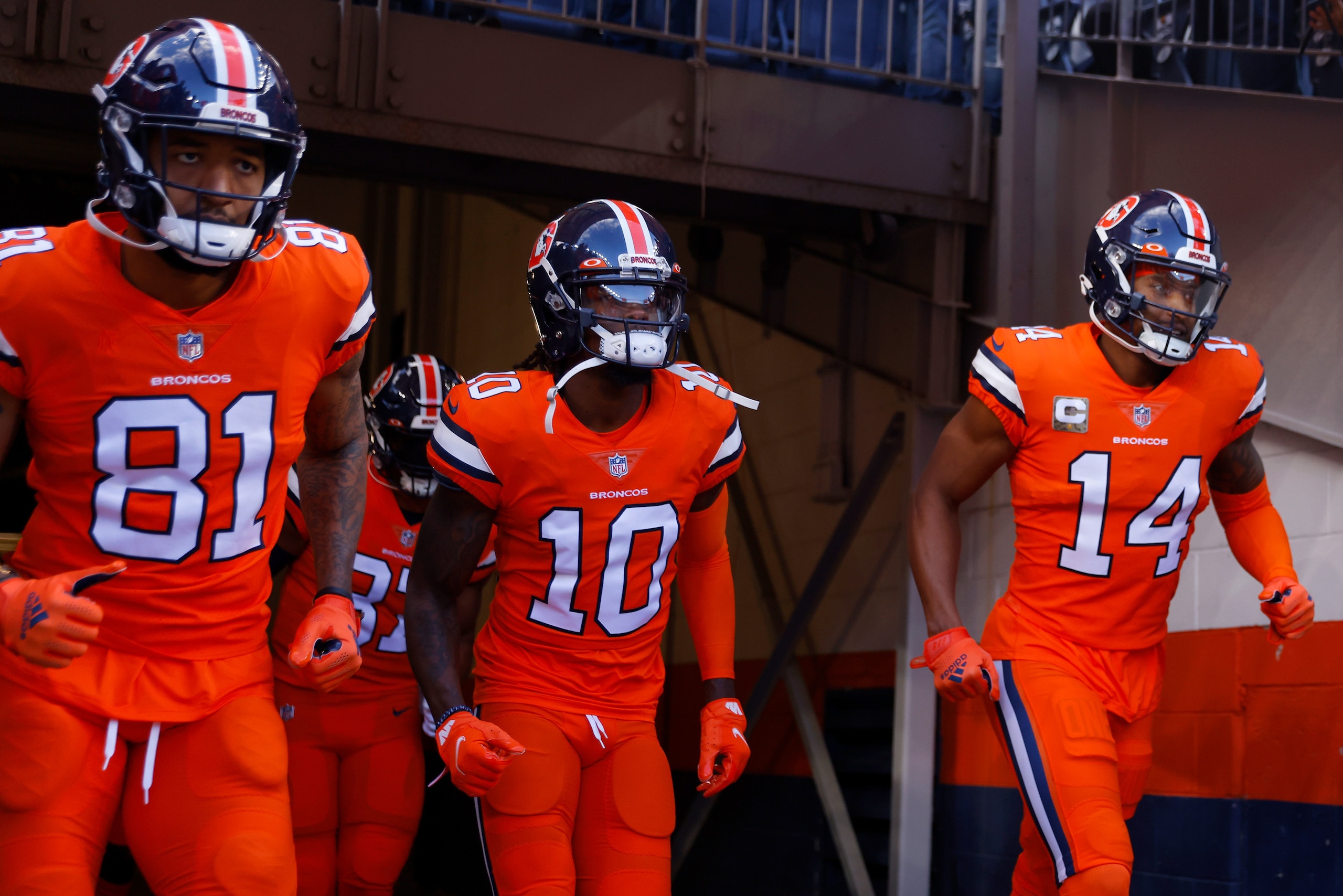 Denver Broncos wide receivers Tim Patrick (No. 81), Jerry Jeudy (No. 10) and Courtland Sutton (No. 14)