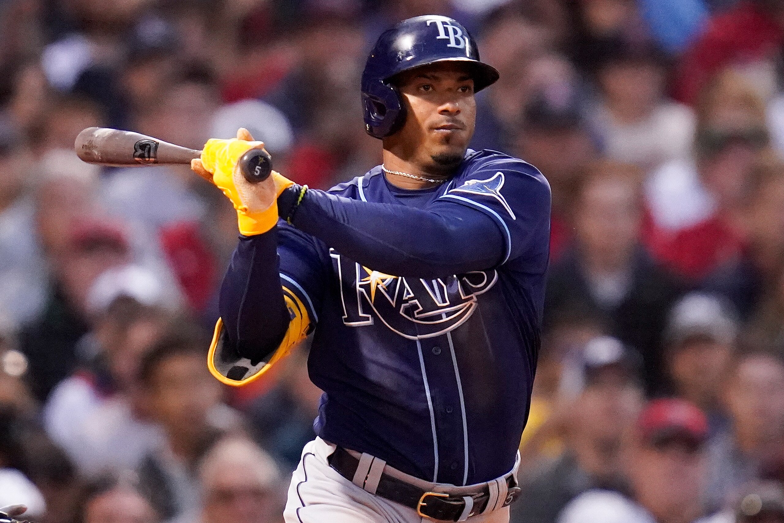 Tampa Bay Rays Wander Franco (5) connects for a base hit during the fifth inning against the Boston Red Sox during Game 3 of a baseball American League Division Series, Sunday, Oct. 10, 2021, in Boston. (AP Photo/Charles Krupa)