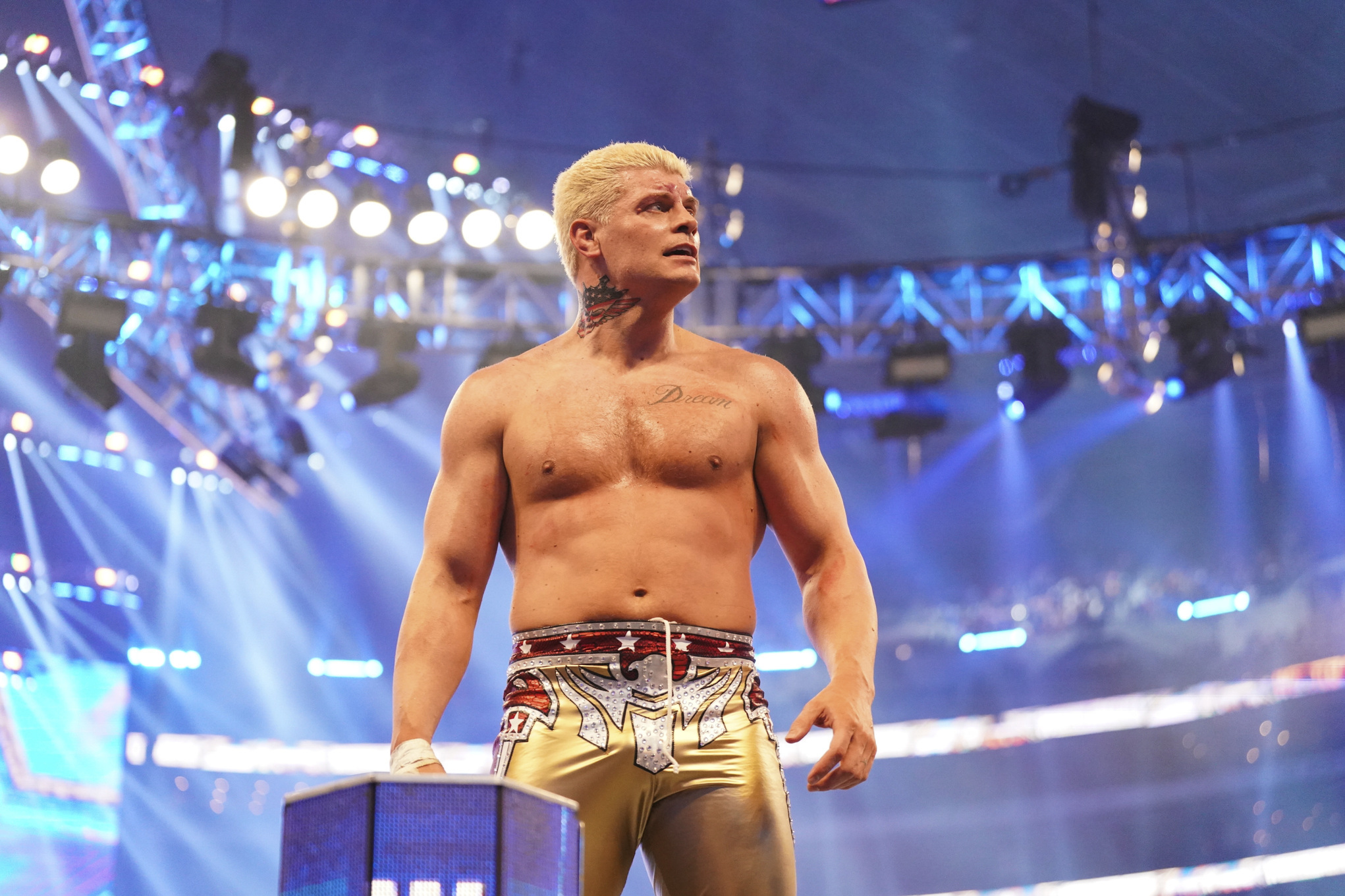 Cody Rhodes stands on the middle rope of the turnbuckle at Wrestlemania 38. He is wearing gold trunks, bleach-blonde hair, staring out at the crowd, head turned to his left.