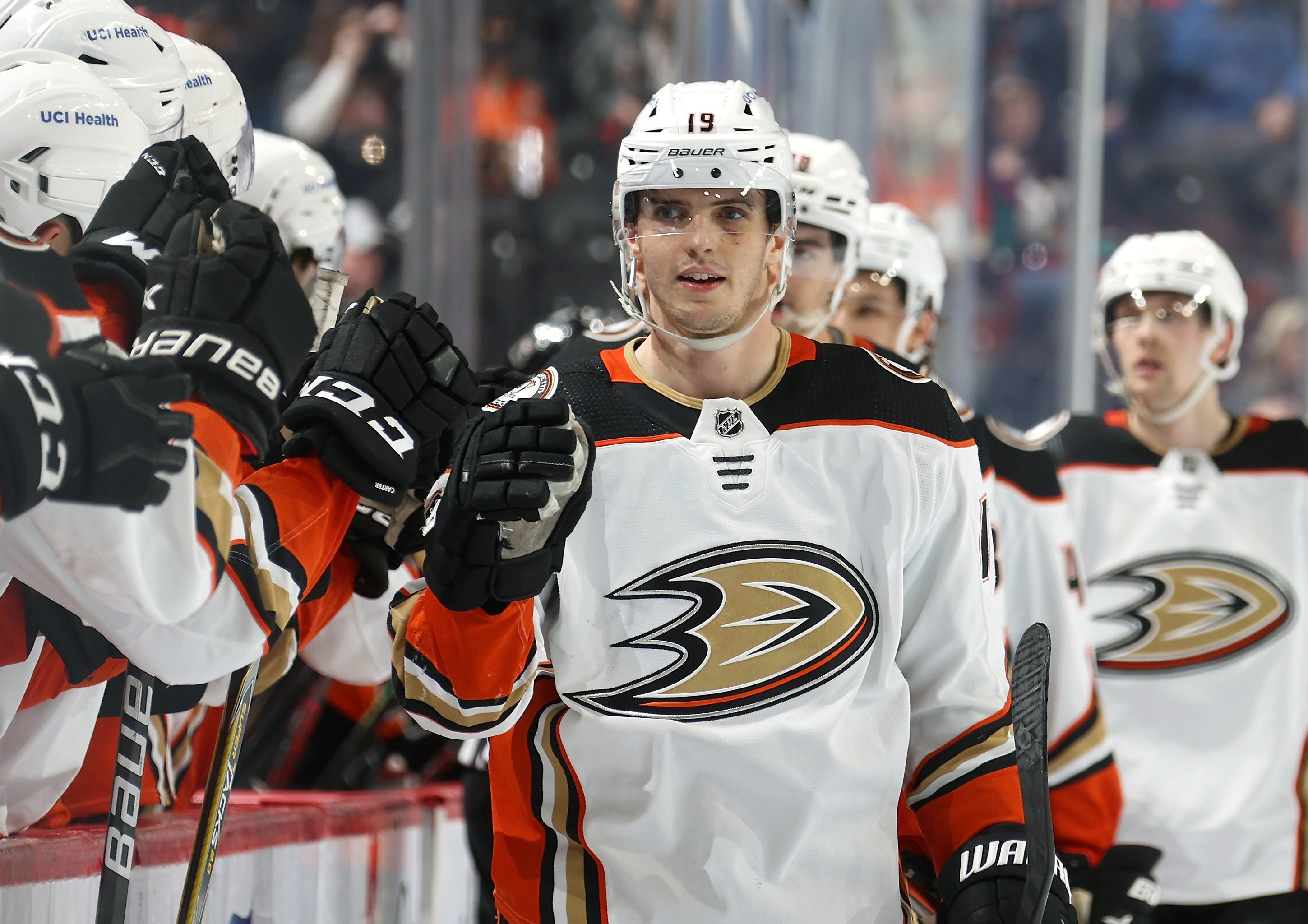 December 19, 2015: Anaheim celebrates their first goal of the game during  the first period of an NHL hockey game between the Anaheim Ducks and the New  Jersey Devils at the Prudential